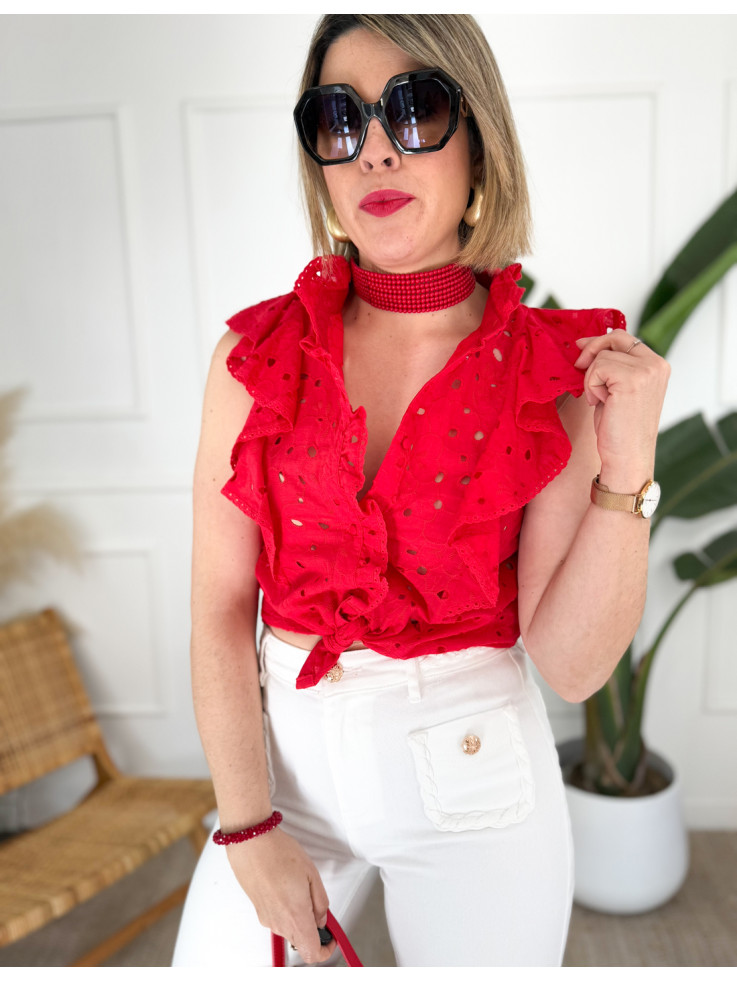 Camisa Volantes Troquelado Rojo